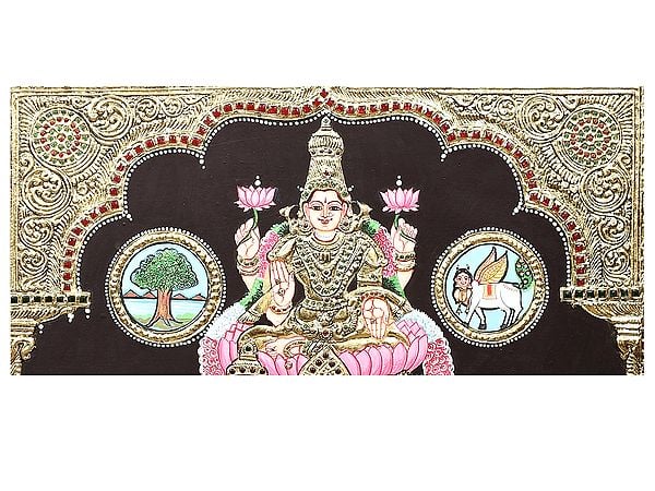 Exotic India Kubera And Lakshmi Tanjore Painting | Traditional Colors With 24K Gold | Teakwood Frame | Gold & Wood | Handmade