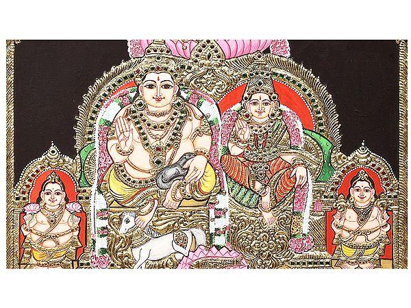Exotic India Kubera And Lakshmi Tanjore Painting | Traditional Colors With 24K Gold | Teakwood Frame | Gold & Wood | Handmade
