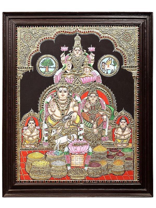 exotic india Kubera and Lakshmi Tanjore Painting | Traditional Colors With 24K Gold | Teakwood Frame | Gold & Wood | Handmade
