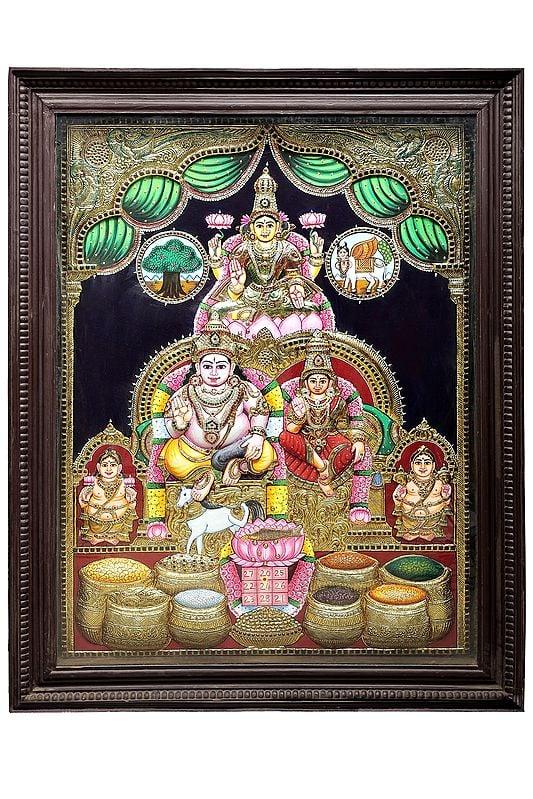 exotic india Kubera and Lakshmi Tanjore Painting | Traditional Colors With 24K Gold | Teakwood Frame | Gold & Wood | Handmade | Made In India