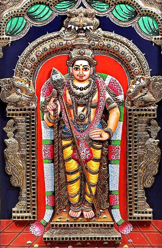 Exotic India Kumara Karttikeya (Murugan) Tanjore Painting | Traditional Colors With 24K Gold | Teakwood Frame | Gold & Wood | Handmade | Made In India