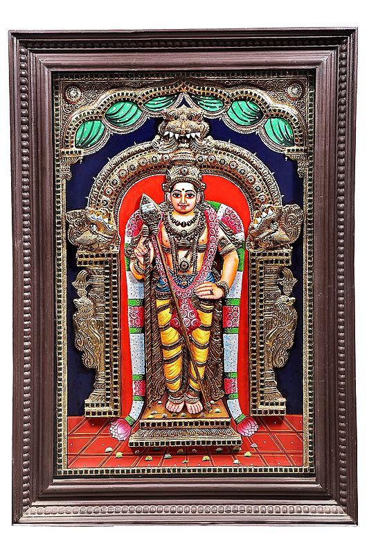 exotic india Kumara Karttikeya (Murugan) Tanjore Painting | Traditional Colors With 24K Gold | Teakwood Frame | Gold & Wood | Handmade | Made In India