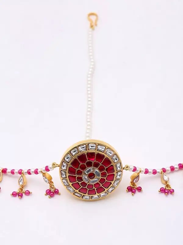 Exotic India Kundan And Moissanite Studded Rajasthani Matha Patti With Dangling Beads 