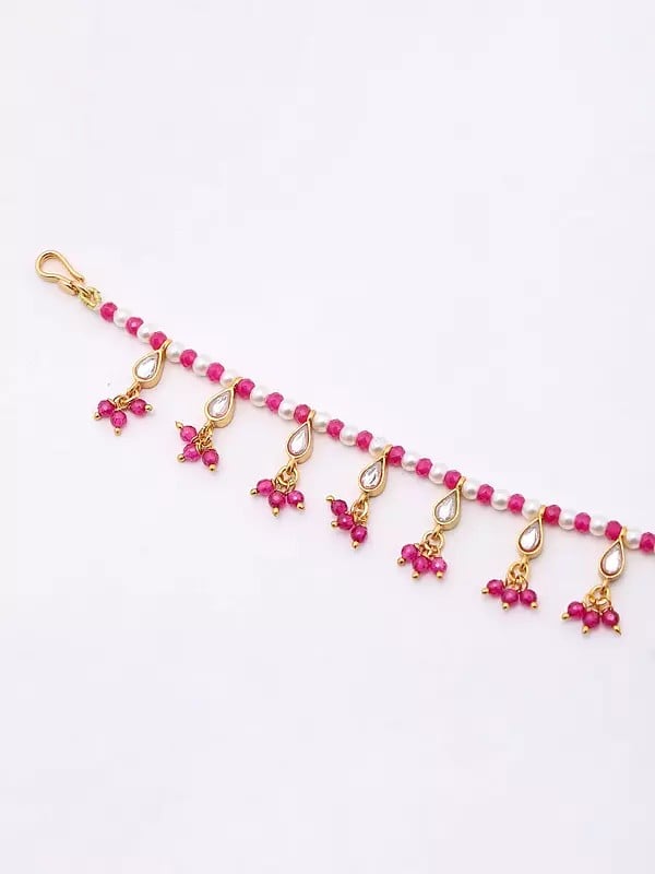 Exotic India Kundan And Moissanite Studded Rajasthani Matha Patti With Dangling Beads 