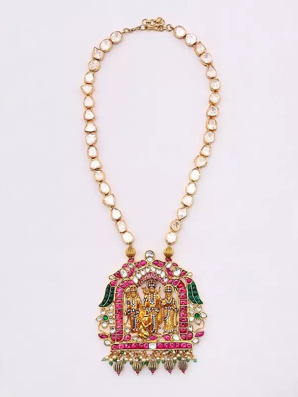 exotic india Kundan and Polki Diamond Studded Ramdarbar Necklace 