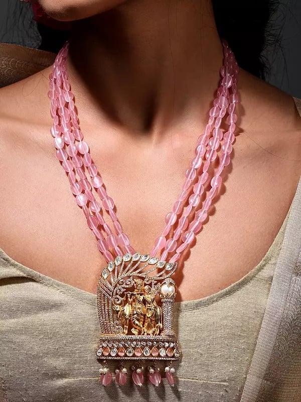 Exotic India Kundan And Stone Studded Radha Krishna Multi Strand Long Necklace Set With Earrings