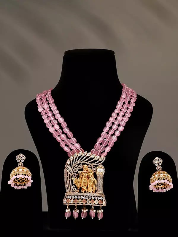 Exotic India Kundan And Stone Studded Radha Krishna Multi Strand Long Necklace Set With Earrings