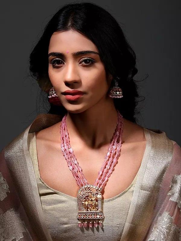 exotic india Kundan and Stone Studded Radha Krishna Multi Strand Long Necklace Set with Earrings 