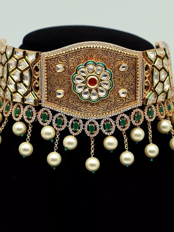 Exotic India Kundan Choker Set With Hanging Pearls And Earrings In Brass
