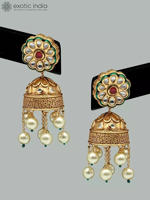 Exotic India Kundan Choker Set With Hanging Pearls And Earrings In Brass