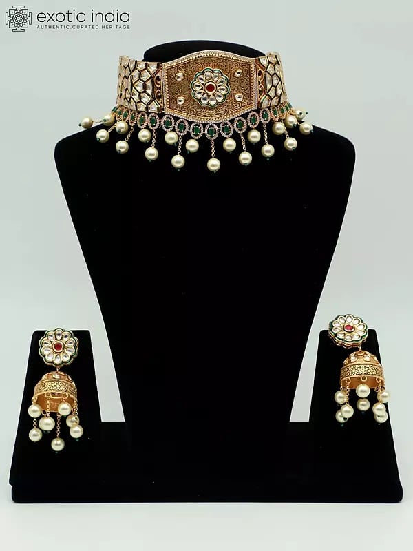 exotic india Kundan Choker Set With Hanging Pearls And Earrings In Brass
