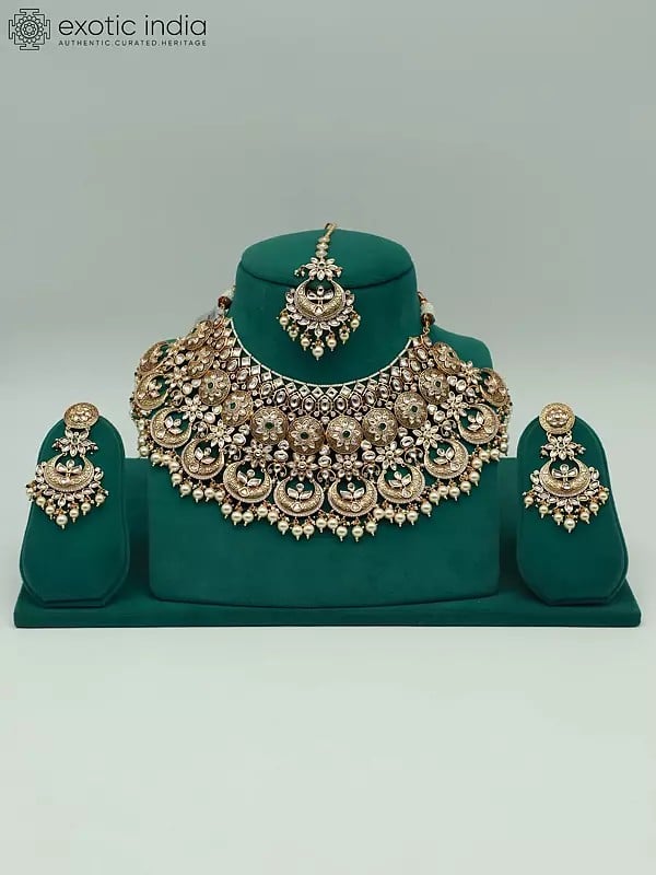 exotic india Kundan Heavy Necklace Set For Bridal With Earrings And Mangtika 