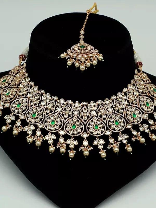 Exotic India Kundan Necklace Set In Heavy Look With Mangtika And Beautiful Earrings