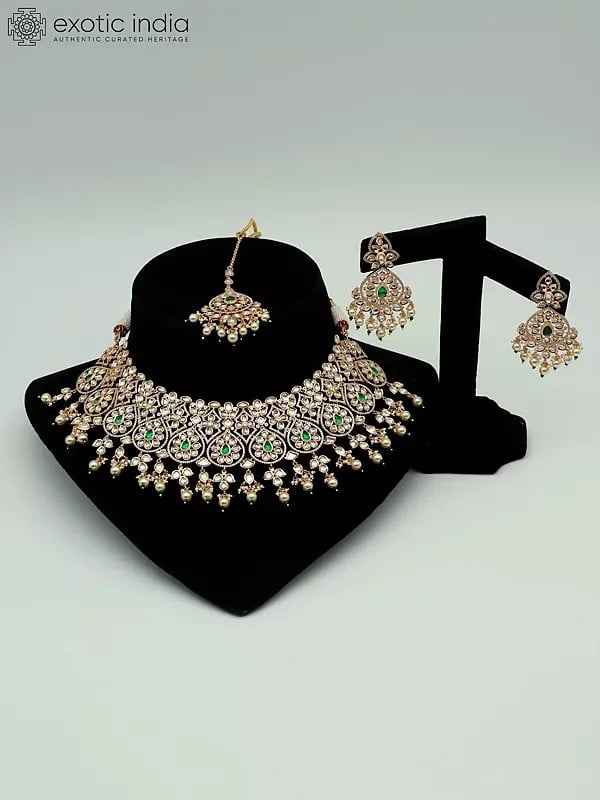 exotic india Kundan Necklace Set In Heavy Look With Mangtika And Beautiful Earrings 
