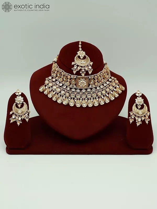 exotic india Kundan Pearl Studded Necklace Set With Mangtika & Earrings
