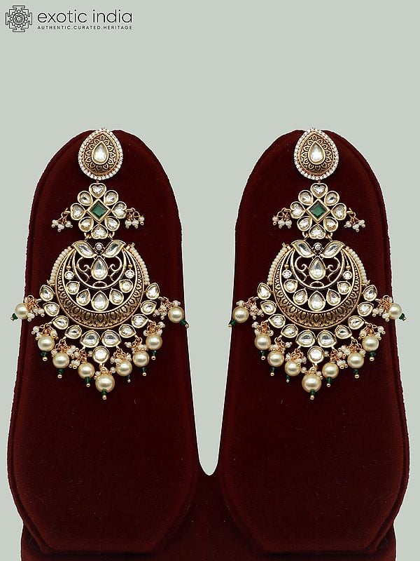 Exotic India Kundan Stone Necklace Set With Brass Carving Pearls Earrings And Mangtika 