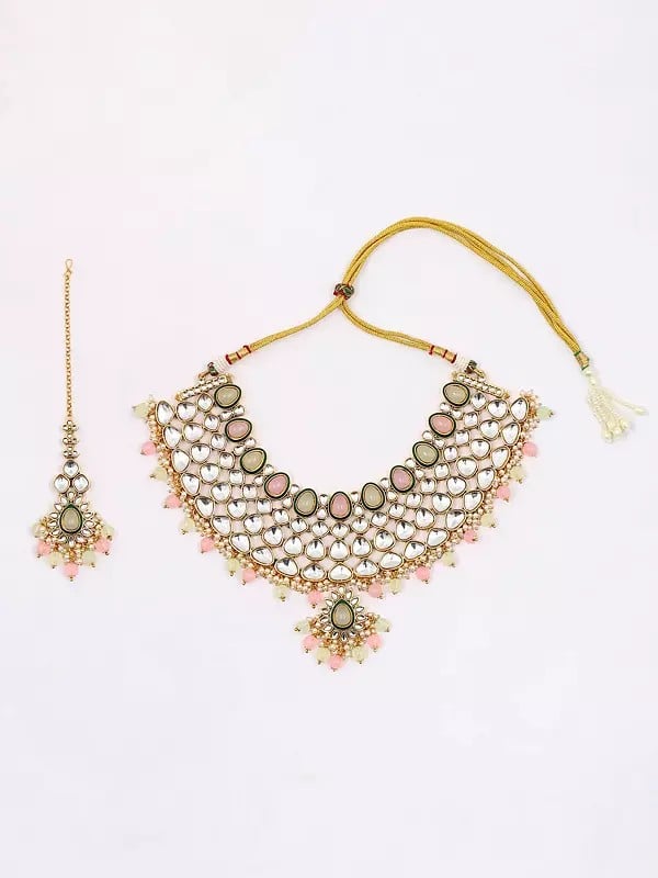 Exotic India Kundan Studded And Beaded Necklace Set With Earrings And Mangtika 