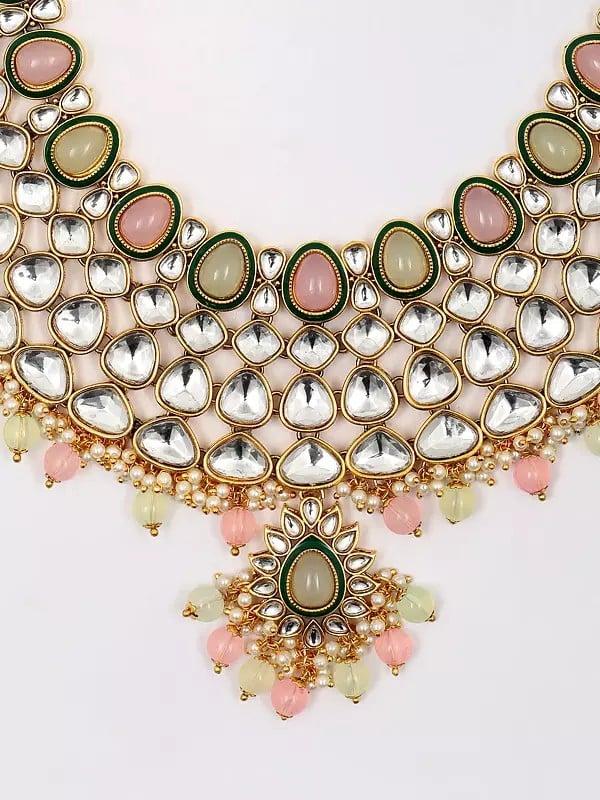 Exotic India Kundan Studded And Beaded Necklace Set With Earrings And Mangtika 