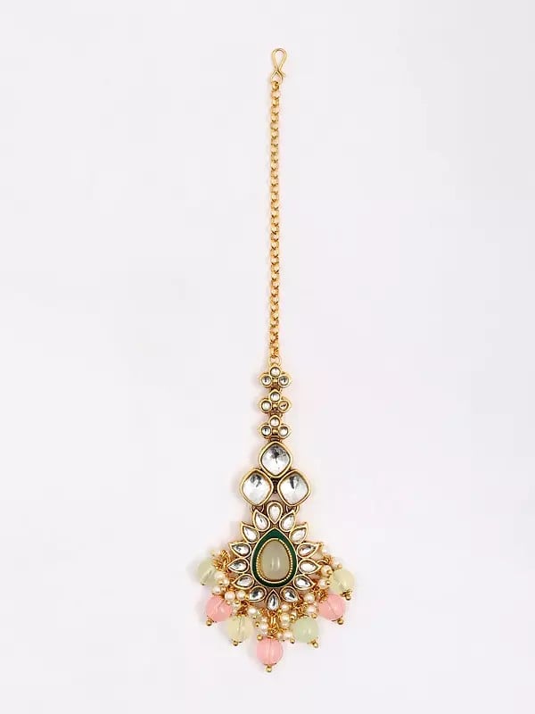 Exotic India Kundan Studded And Beaded Necklace Set With Earrings And Mangtika 