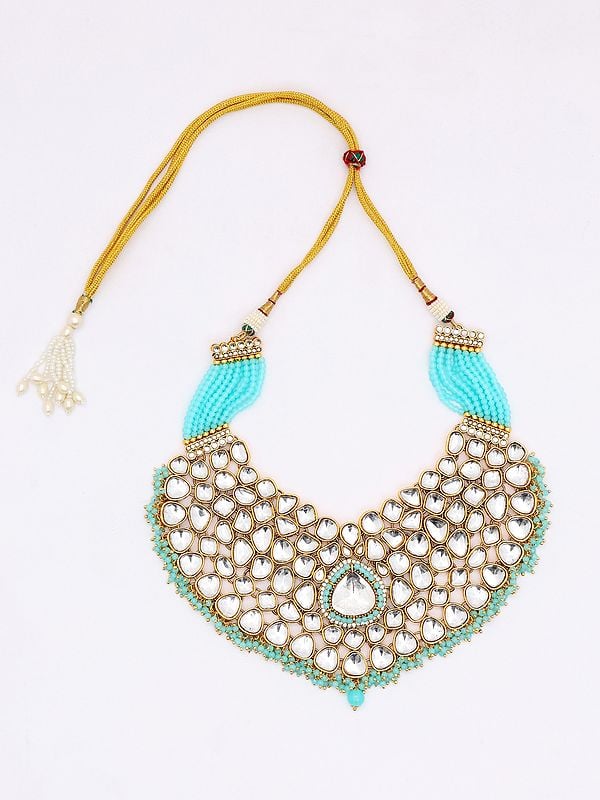 Exotic India Kundan Studded And Beaded Necklace Set With Earrings And Mangtika