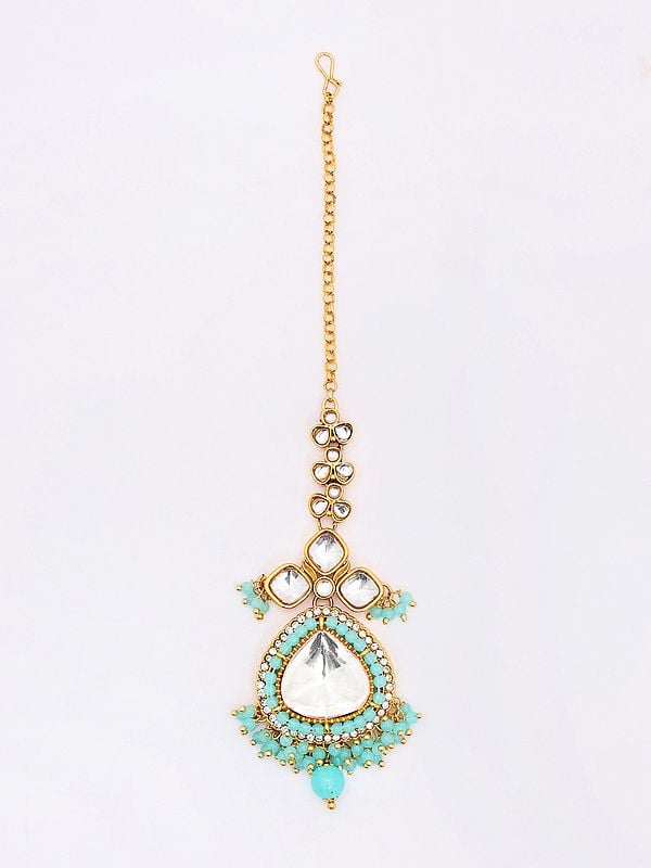 Exotic India Kundan Studded And Beaded Necklace Set With Earrings And Mangtika