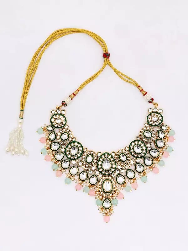 Exotic India Kundan Studded And Beaded Necklace Set With Earrings And Mangtika