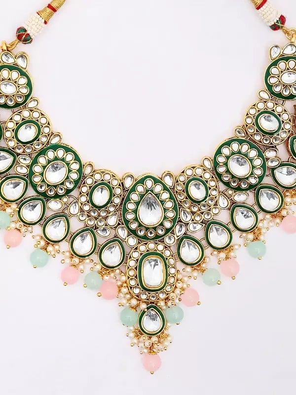 Exotic India Kundan Studded And Beaded Necklace Set With Earrings And Mangtika