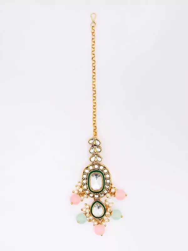 Exotic India Kundan Studded And Beaded Necklace Set With Earrings And Mangtika