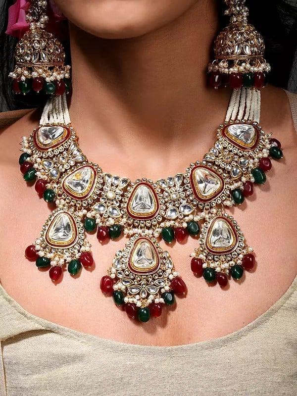 Exotic India Kundan Studded And Beaded Necklace Set With Mangtika And Earrings With Chain 