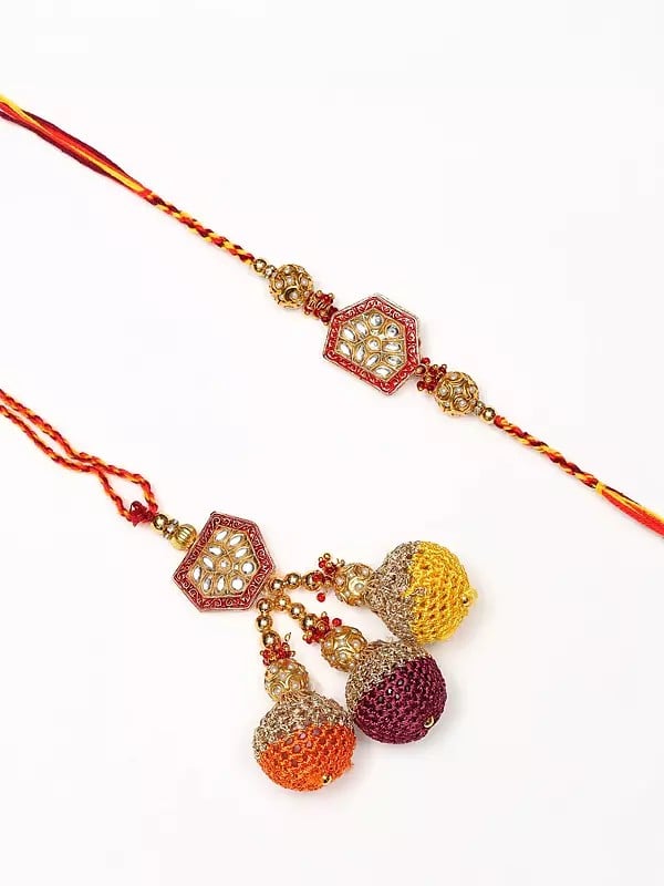 exotic india Kundan Studded and Beaded Rakhi with Thread Work Latkan 