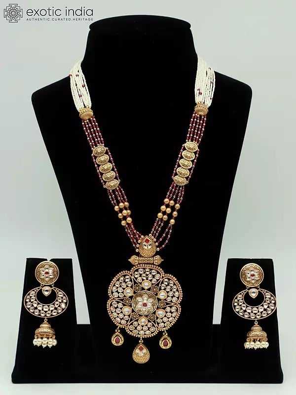exotic india Kundan Studded Bandhai Long Necklace Set With Earrings In Rajwadi Look 