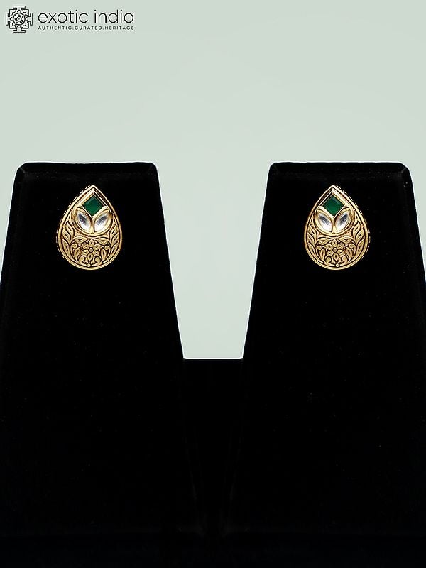 Exotic India Kundan Studded Light Necklace Set With Brass Carving Tops For Women