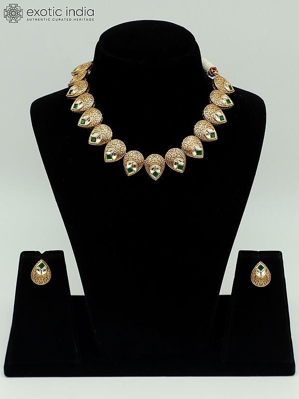 exotic india Kundan Studded Light Necklace Set With Brass Carving Tops For Women 