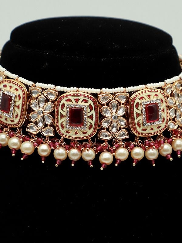 Exotic India Kundan Studded Meenakari Choker Necklace With Beads And Earrings