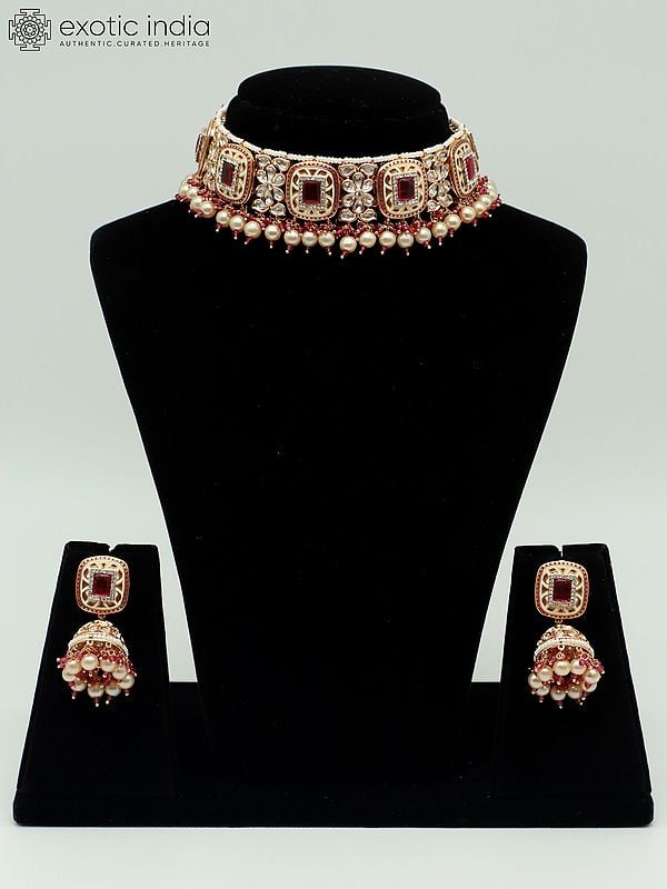 exotic india Kundan Studded Meenakari Choker Necklace With Beads And Earrings 