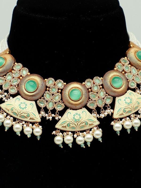 Exotic India Kundan Studded Meenakari Necklace Set With Beads And Earrings