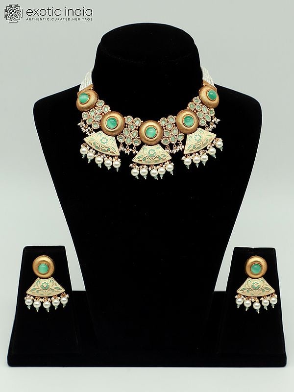 exotic india Kundan Studded Meenakari Necklace Set With Beads And Earrings