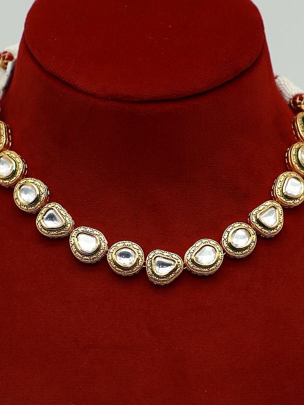 Exotic India Kundan Studded Necklace Set For Wedding With Drop Beads And Earrings 