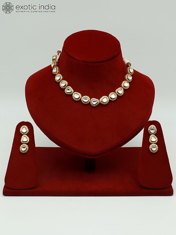 exotic india Kundan Studded Necklace Set For Wedding With Drop Beads And Earrings 