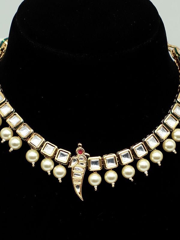 Exotic India Kundan Studded Necklace Set In Light Weight With Drop Beads And Earrings 