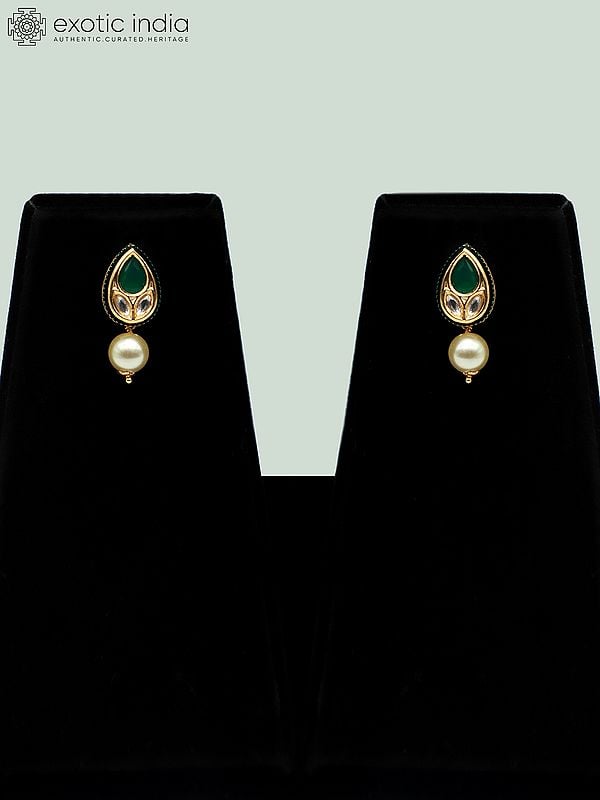 Exotic India Kundan Studded Necklace Set In Light Weight With Drop Beads And Earrings 