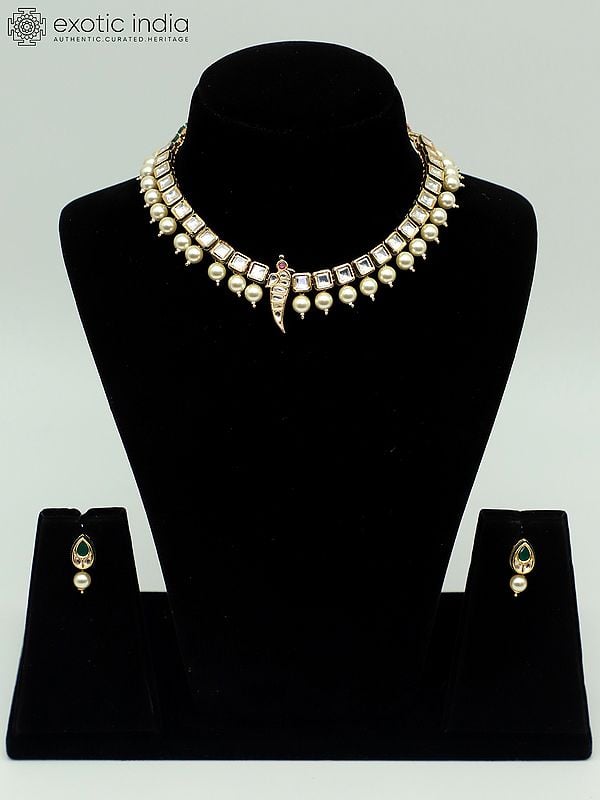 exotic india Kundan Studded Necklace Set In Light Weight With Drop Beads And Earrings 