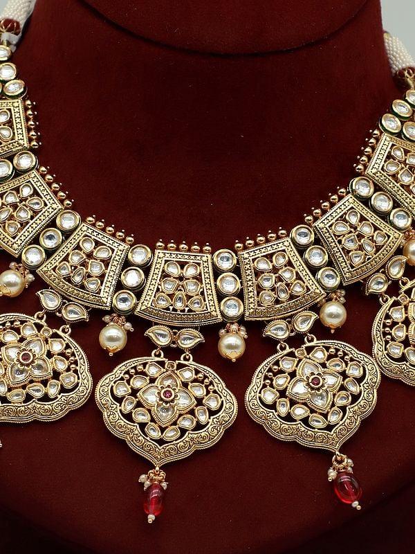 Exotic India Kundan Studded Necklace Set With Beautiful Earrings For Wedding