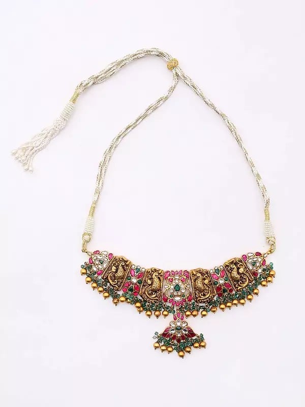 Exotic India Kundan Studded Sterling Silver Choker Necklace And Earring Set 