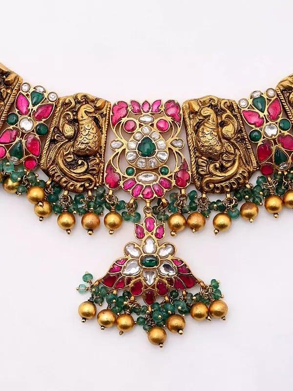 Exotic India Kundan Studded Sterling Silver Choker Necklace And Earring Set 