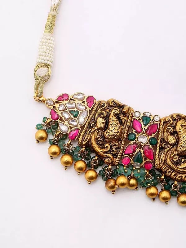 Exotic India Kundan Studded Sterling Silver Choker Necklace And Earring Set 