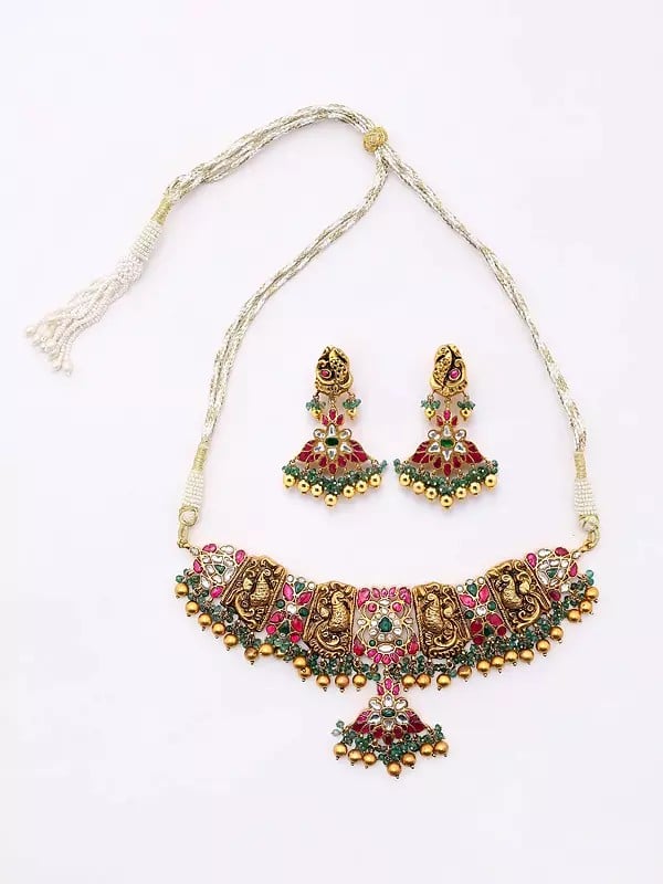 exotic india Kundan Studded Sterling Silver Choker Necklace and Earring Set 