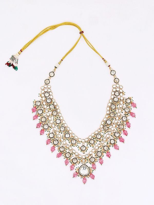 Exotic India Kundan Studded Two Layer Necklace With Earrings And Mangtika Set