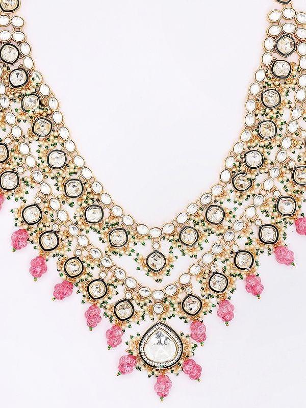Exotic India Kundan Studded Two Layer Necklace With Earrings And Mangtika Set