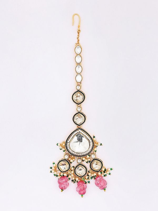 Exotic India Kundan Studded Two Layer Necklace With Earrings And Mangtika Set